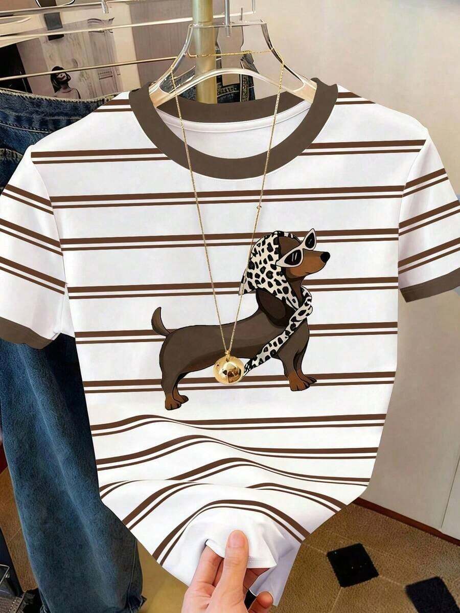 Camiseta de mujer con cuello redondo, estampado de rayas y bordado floral de contraste - Multicolor 2 - Ver 1