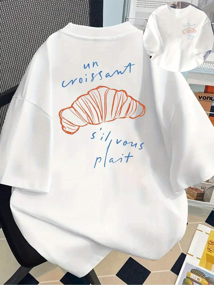 Women's Casual Long Sleeve T-Shirt With Croissant Print On Front And Back - "Un Croissant Silvous Platif" Graphic Design, Loose Fit, Round Neck, Machine Washable, Comfortable Top For All Seasons, Casual Wear, Soft Texture - 白色 - 查看 1