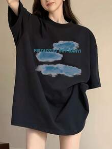 Camiseta de manga corta oversize vintage Y2K para mujer - Camiseta gráfica 100% holgada con estampado de letras llamativas, tela de 200g, lavable a máquina, top casual de verano, camiseta para mujer - Negro - Ver 5