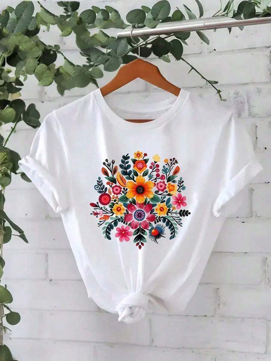 Camiseta de manga corta con estampado floral, top de cuello redondo para mujer, camiseta casual, adecuada para uso diario en primavera/verano, ropa de mujer. - Blanco - Ver 1