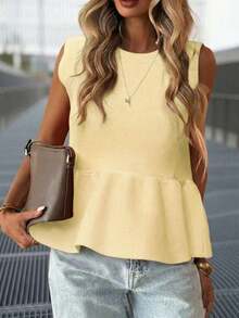 FOR BEAUTY Women's Spring/Summer Solid Color Sleeveless Knit Top, Ruffle Hem, Slim Fit Tummy Control, Casual Commute Date Sweater Pullover - Deep Apricot - View 4