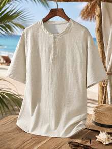 1 pieza Camiseta de manga corta con cuello henley de aspecto de lino para hombre, estilo casual y ligero para vacaciones - Albaricoque - Ver 7