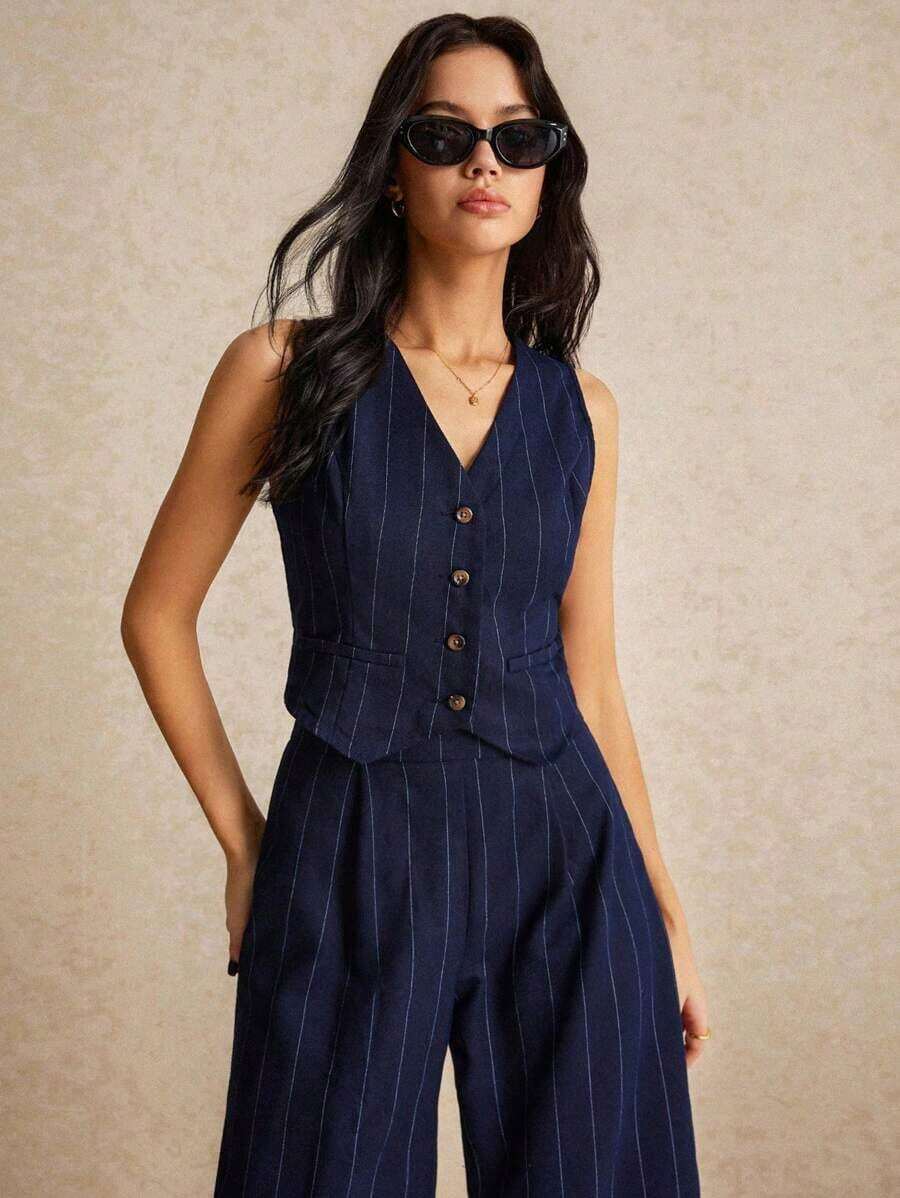 Conjunto de pantalones y chaleco a rayas holgados, traje de dos piezas de color azul marino para mujer, conjunto de vestir para la oficina, mujer de dinero antiguo, dos piezas, lo básico de la moda fácil, vestimenta de oficina para damas, ropa de negocios, ropa para maestras, prendas de otoño para mujer de dos piezas 24 FW - Multicolor - Ver 1