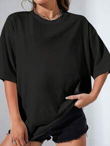 1 pieza con impresión en negrita |   Regalo sorpresa | Camiseta casual de cuello redondo para mujer de 180g, 100% algodón, estilo regular para primavera y verano. - Negro - Ver 5