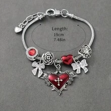 1 chiếc vòng tay đính hạt hình thánh giá hoa hồng đỏ, dây xích bạc hình rắn, mặt dây chuyền hình bướm và trái tim đính đá, có thể điều chỉnh kích cỡ. - Vòng tay hoa hồng chữ thập - Xem 5