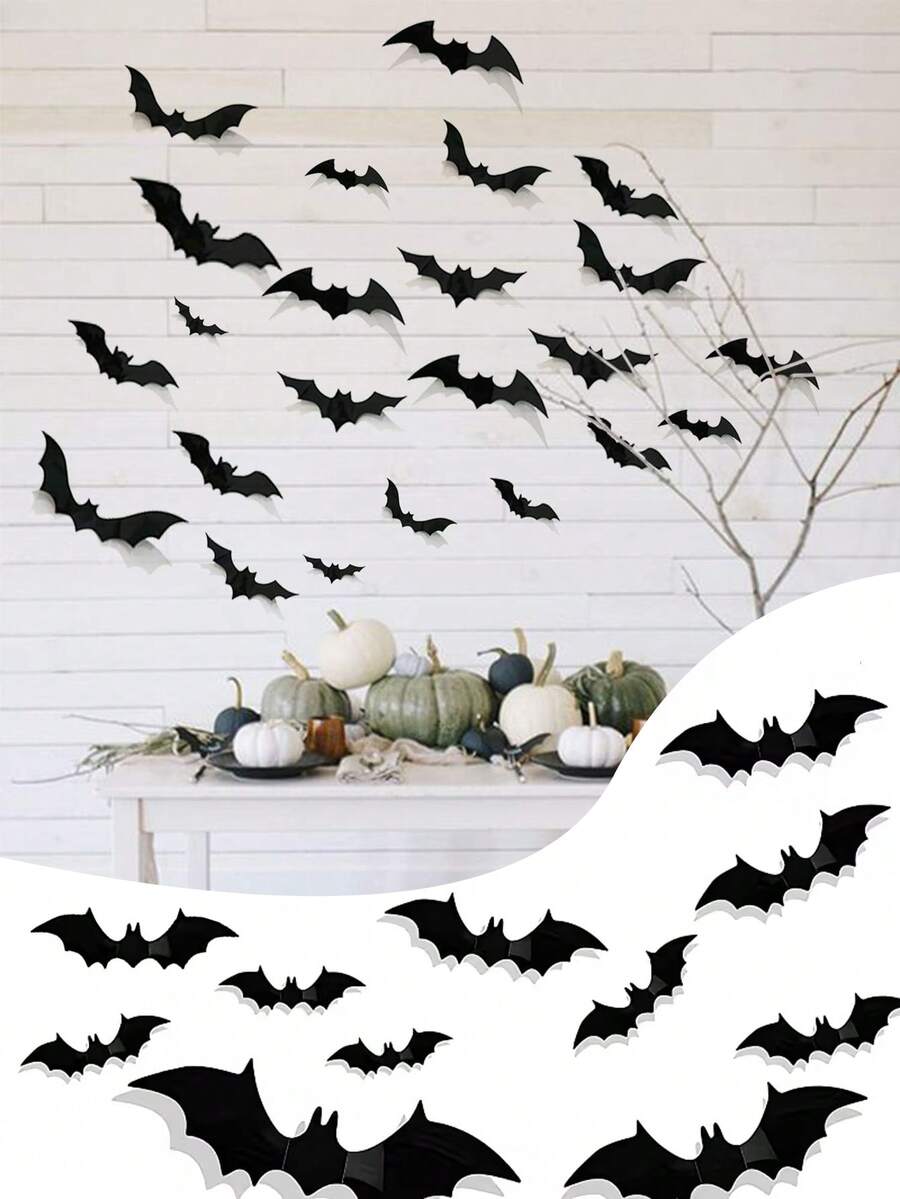 60 piezas/Set Decoración de Halloween Murciélagos 3D de PVC Negro - Pegatinas de Pared de Terror - Opción Ideal para Celebración de Halloween y Artículos Únicos - Multicolor - Ver 1