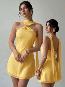 Elegante y delicado vestido camisero con decoración metálica y espalda descubierta, ropa de verano, ropa de playa, ropa de resort, ropa de resort bohemia y tropical, atuendo para conciertos, fiestas rave, festivales de música country, elegante atuendo para citas nocturnas, vestido de verano para mujer, vestido para té de la tarde, vestido blanco de graduación, atuendo de celebración para festivales de música, vestido con espalda descubierta - Amarillo - Ver 9