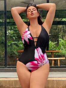 Traje de baño de una pieza con estampado floral, de talla grande, para vacaciones, de corte casual y ajustado, con control de abdomen, tirantes gruesos ajustables y escote en V profundo - Negro - Ver 3