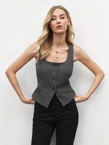 Blusa de un solo pecho de unicolor, versátil y casual para uso diario - Gris Oscuro - Ver 7