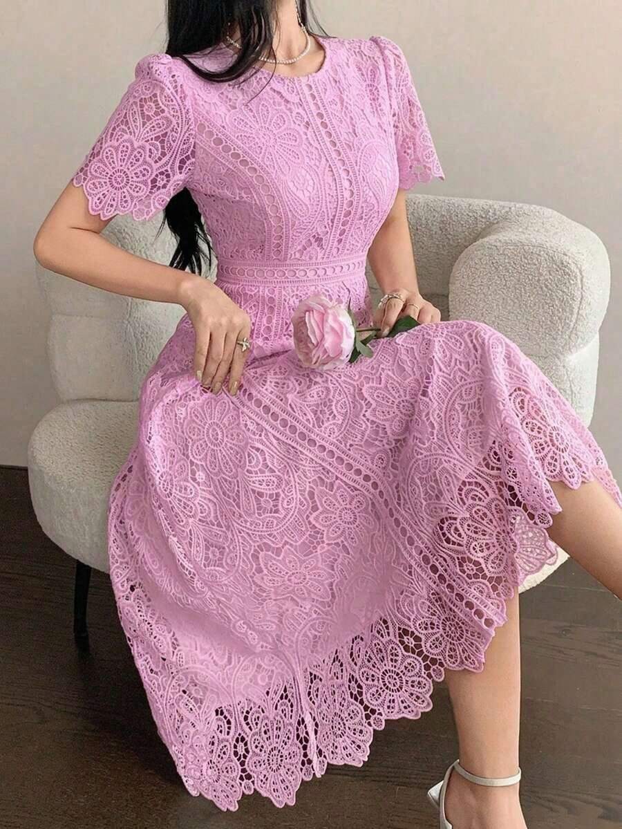 Vestido corto con adorno de encaje en las mangas, vestido mini elegante y refinado - Rosa - Ver 1