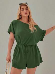 Mono de talla grande para mujer, ropa de verano, shorts, hombros descubiertos y graciosos, conjunto de verano para mujer, atuendo de rave de festival, conjunto de verano para vacaciones de mujer, mono casual de mujer - Verde Oscuro - Ver 7