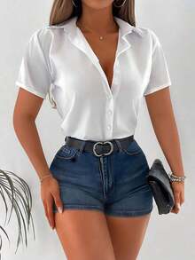 Camisa casual de oficina de unicolor de manga corta y abotonadura sencilla para mujer - Blanco - Ver 8