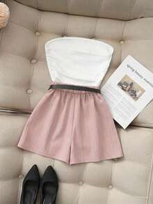 Nuevo conjunto casual de 2 piezas de camiseta acanalada de unicolor y elástica, y shorts a rayas, para primavera/verano.Traje de mujer con contraste de color, adecuado para ir al trabajo y de vacaciones - Rosa - Ver 2