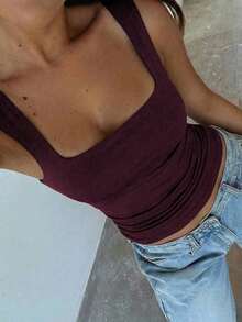 Camiseta sin mangas ajustada de unicolor con cuello cuadrado para mujer , Chaleco de unicolor minimalista y retro, Camiseta de punto sin espalda de moda de verano, Versátil y casual, Adecuado para el trabajo y el transporte - Morado - Ver 4