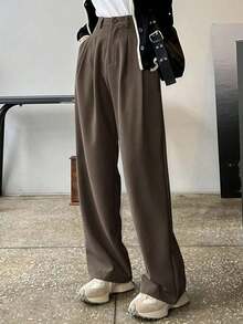 Pantalones de pierna ancha con detalle de plisado de cintura alta, pantalones de vestir para mujer, ropa de vuelta al colegio para otoño - Marrón 2 - Ver 11