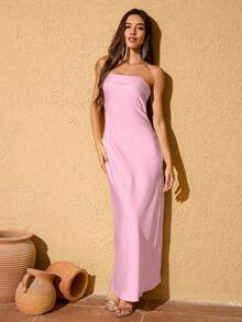 Vestido formal de satén sólido, vestido de cóctel elegante, vestido de fiesta de graduación, vestido de invitada de boda para primavera - Rosa Pálido - Ver 4