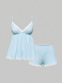 Conjunto de pijama casual de camiseta de tirantes acanalada y shorts con encaje - Azul - Ver 9