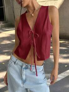 Camisa sin mangas de unicolor casual con nudo delantero para mujeres - Burdeos - Ver 7