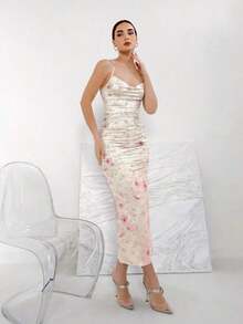 Elegante Vestido Impresión Estilo Delgado Con Tirante - Rosa - Ver 1