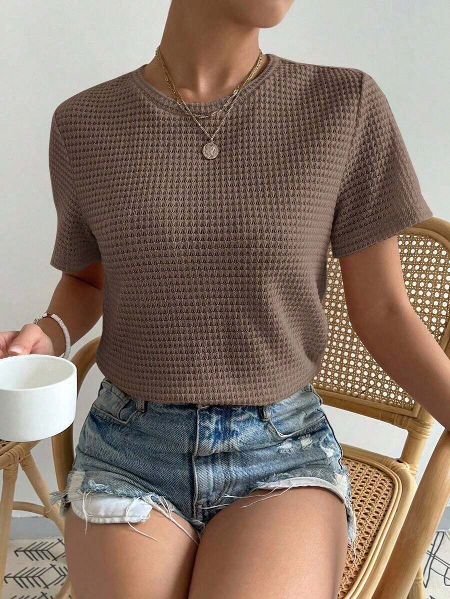 Camiseta casual de manga corta y cuello redondo llana para mujeres, verano - Marrón Mocha - Ver 1