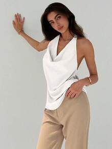 Top sin mangas ajustado para mujer con cuello en pico minimalista y elegante para el uso diario - Blanco - Ver 3