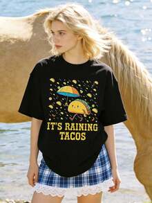 Women's Soft And Casual Short-Sleeved Crew Neck T-Shirt With A Fun Graphic Print Of Tacos In The Rain, Suitable For Everyday Casual Wear. White. - 黑色 - 查看 5