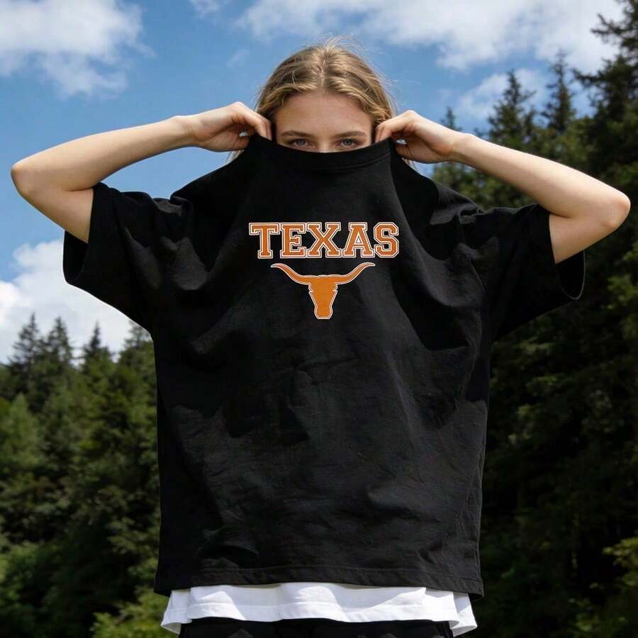 Women's Summer Clothing, Soft And Casual Cotton T-Shirt With Round Neck, Printed With The Texas Longhorn Logo. White. - 黑色 - 查看 1