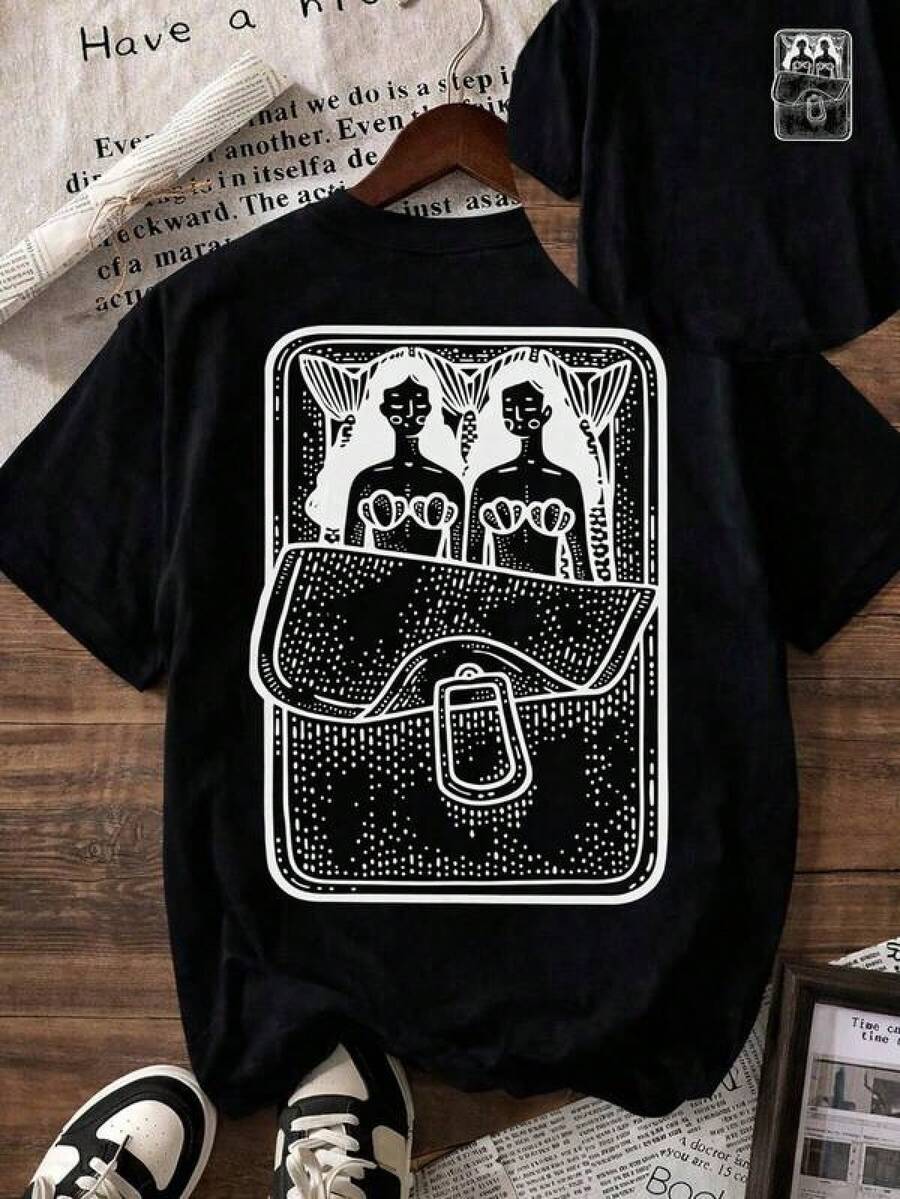 1pc Camisetas para mujer,Camisetas Para Hombre,cuello redondo,estilo urbano juvenil,estilo streetwear,diseño de moda callejera,ideal para uso informal diario - Negro - Ver 1