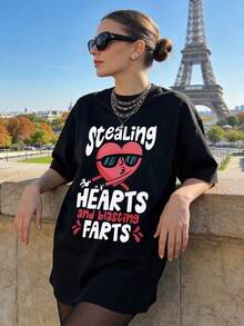 Women's Summer Clothing, Soft And Casual Cotton T-Shirt With Round Neck, Printed With A Cartoon Heart Design And The Phrase "Stealing HEARTS And Blasting FARTS". White Color. - 黑色 - 查看 3