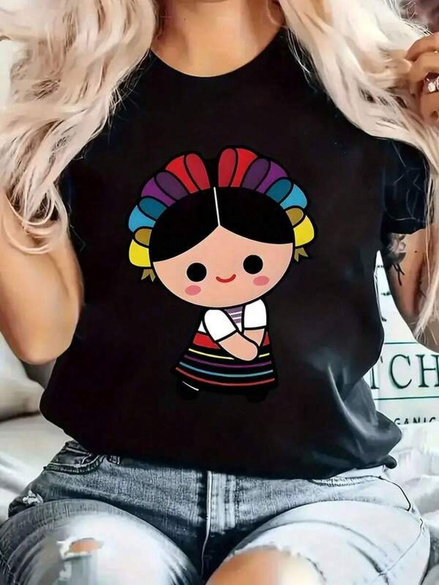 1pc Camisetas para mujer,Camisetas Para Hombre,cuello redondo,estilo urbano juvenil,estilo streetwear,diseño de moda callejera,ideal para uso informal diario - Negro - Ver 1