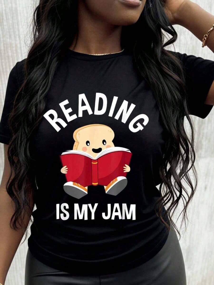 "Reading Is My Passion" T-Shirt With A Cute Character Of Pan Reading A Book, Fun Graphic Tee For Book Lovers - 黑色 - 查看 1