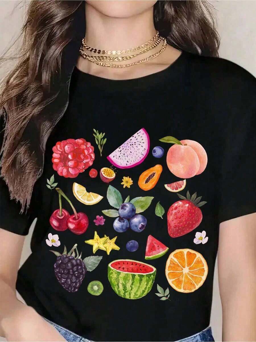 Casual T-Shirt With Fruit Print, Women's Graphic Tee, Summer Casual Top With Watermelon, Strawberry, Cherry And Orange Print, Loose Fit, White T-Shirt 100% Cotton, Durable - 黑色 - 查看 1