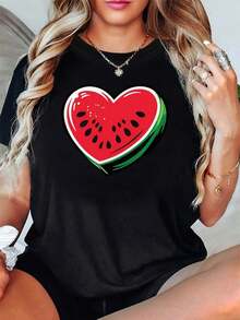 Women's Casual Basic Crew Neck T-Shirt With Heart And Watermelon Print, For Summer Events And Fruit Festival Season, 100% Cotton, Durable - 黑色 - 查看 7
