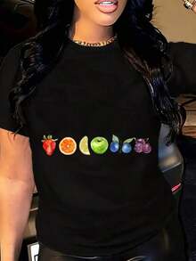 Casual Fruit Print T-Shirt, Women's Graphic Tee, Short Sleeve Casual Top, Summer Fashion, Fruit Print T-Shirt, 100% Cotton, Durable - 黑色 - 查看 7
