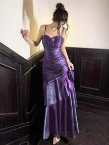 Vestido de fiesta con volantes en el bajo en color borgoña, conjunto brillante rojo para conciertos, vestido formal elegante de tirantes finos para dama de honor, cumpleaños, graduación, ropa de verano y primavera para bodas - Morado - Ver 5