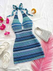 Vestido mini casual para vacaciones, boda en la playa, graduación, brunch, Día de San Patricio, vacaciones de primavera, Pascua, festival de música, elegante bohemio, tropical elegante sin tirantes, hombros descubiertos, espalda descubierta para of - Azul - Ver 1