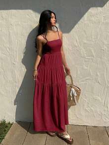 Vestido con escote de tubo plisado de tela texturizada color melocotón claro, con tirantes finos, cintura suelta, estilo relajado para vacaciones - Burdeos - Ver 1