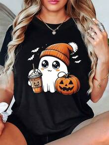 Women's Halloween T-Shirt - Adorable Pumpkin And Bat Design - Soft, Breathable, Ideal For Parties, Machine Washable, Seasonal Fashion, Lightweight Crew Neck T-Shirt For Festive Occasions, Halloween Gift For Women, Casual Women's Halloween Print Ghost Pumpkin Loose Crew Neck Short Sleeve Spring Summer Party T-Shirt - 黑色 - 查看 6