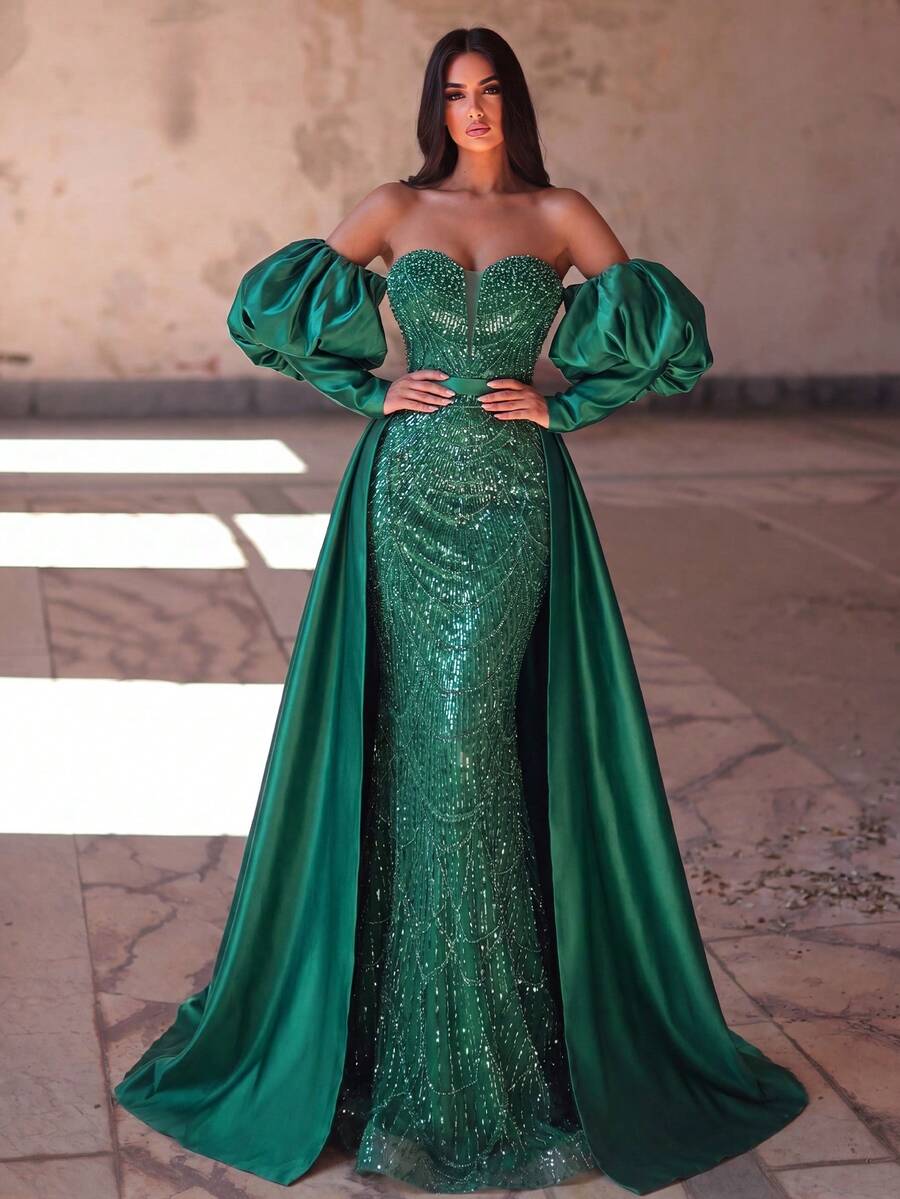 Faeriesty Đầm dạ hội dài màu xanh lá cây thanh lịch đính sequin và hạt cườm, thiết kế trễ vai, tay phồng dài, chân váy bút chì, buộc dây phía sau, thích hợp cho các dịp trang trọng và đám cưới. - Màu xanh lá cây đậm - Xem 1