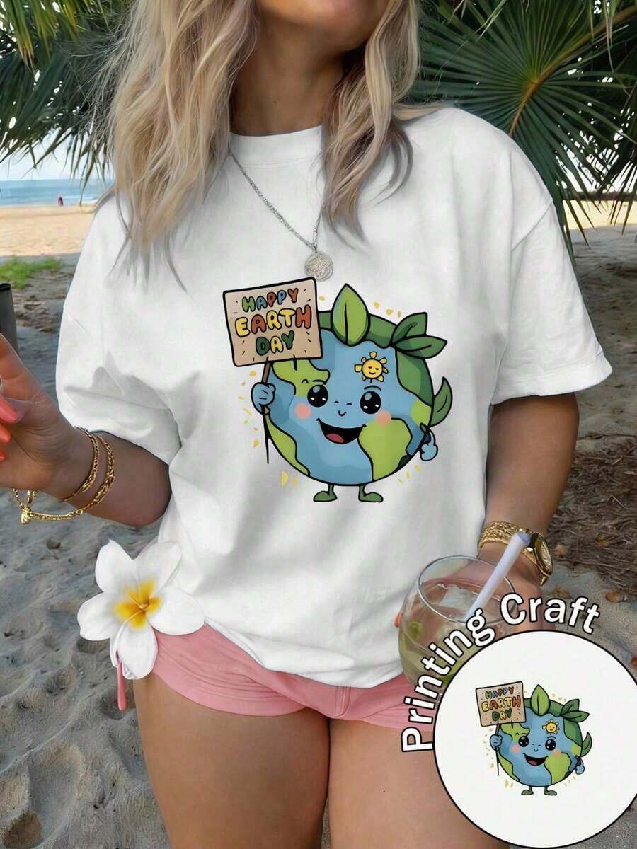 Women's Vintage Summer T-Shirt, Short-Sleeved, Crew Neck, 100% Polyester, Machine Washable, Easy Care, With A Casual Print And A Cute "Happy Earth Day" Slogan. New 2026 Summer T-Shirt For Travel, Everyday Wear, Vacations, And Festivals. Unisex - 白色 - 查看 1