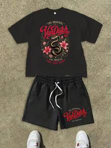 2Pcs Women's Double Side Print T-Shirt And Short Set Snake Flower Van Dutch Los Angeles Chop Shop Brand American Vintage Full Print Street Wear Ideal Gift For 2026 Mother's Day Outfit 4th Of July Outfit Women Museera Aneewsta Women Vacation Outfits Women Beach Vonn Dutch - màu đen - Xem 2