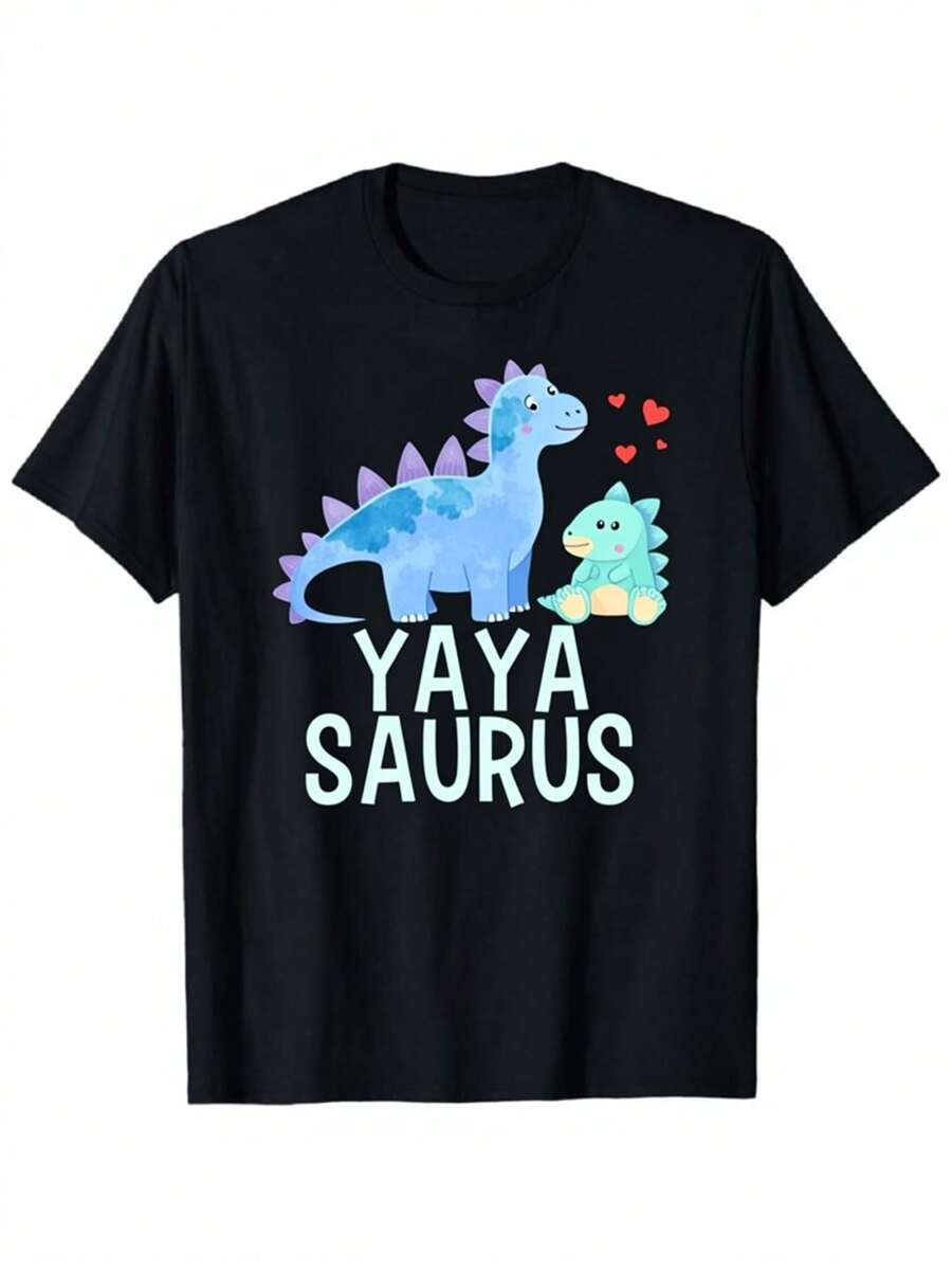 1 Yaya Saurus Black T-Shirt With An Adorable Blue Dinosaur And The Yaya Saurus Logo, Adorned With Pink Hearts And The Name Saurus - A Soft Unisex Crew Neck T-Shirt, Ideal For Men, Perfect For Casual Summer Outfits - 黑色 - 查看 1