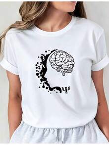 Limited Edition Short-Sleeved T-Shirt Featuring A Brain-Shaped Facial Contour Design And Psychological Symbols, Specially Designed For Women. Casual Crew Neck T-Shirt I01, Comfortable Women's Clothing Made From Lightweight Cotton. - 黑色 - 查看 8