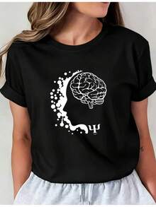 Limited Edition Short-Sleeved T-Shirt Featuring A Brain-Shaped Facial Contour Design And Psychological Symbols, Specially Designed For Women. Casual Crew Neck T-Shirt I01, Comfortable Women's Clothing Made From Lightweight Cotton. - 黑色 - 查看 12
