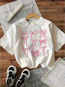 Women's Casual T-Shirt, Anime Print T-Shirt, Double-Sided, Pink Bow And Lettering, Soft Round Neck, Short Sleeve, Casual Spring And Summer Top, For Casual Outfits, Regular Fit, Women's T-Shirts, Sizes S-3XL, 100% Cotton, Durable - 白色 - 查看 7