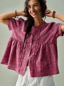 Camisa casual retro a cuadros con cuello redondo, volantes fruncidos y mangas con volantes para mujer - Rosa Fucsia - Ver 3