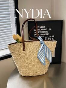 1pc High-Quality Textured Woven Bucket Tote Bag, Suitable For Daily Use, Dates, Shopping, And Fashionable Vacation Essentials - Beige - View 13