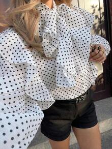 Blusa casual y sexy con estampado de corazón, contraste de color, botones delanteros y volantes/flecos en el bajo para uso en casa y vacaciones - Blanco 2 - Ver 2