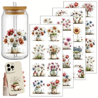 Bộ 4 hình dán chuyển nhiệt UV theo chủ đề với họa tiết hoa lá ngộ nghĩnh - Hoàn hảo cho đồ thủ công, cốc, máy tính xách tay và bình nước. Chất liệu nhựa tự dính dùng để trang trí cốc, máy tính xách tay, trang trí lễ hội, thiết kế vui tươi, in ấn chất lượng cao.