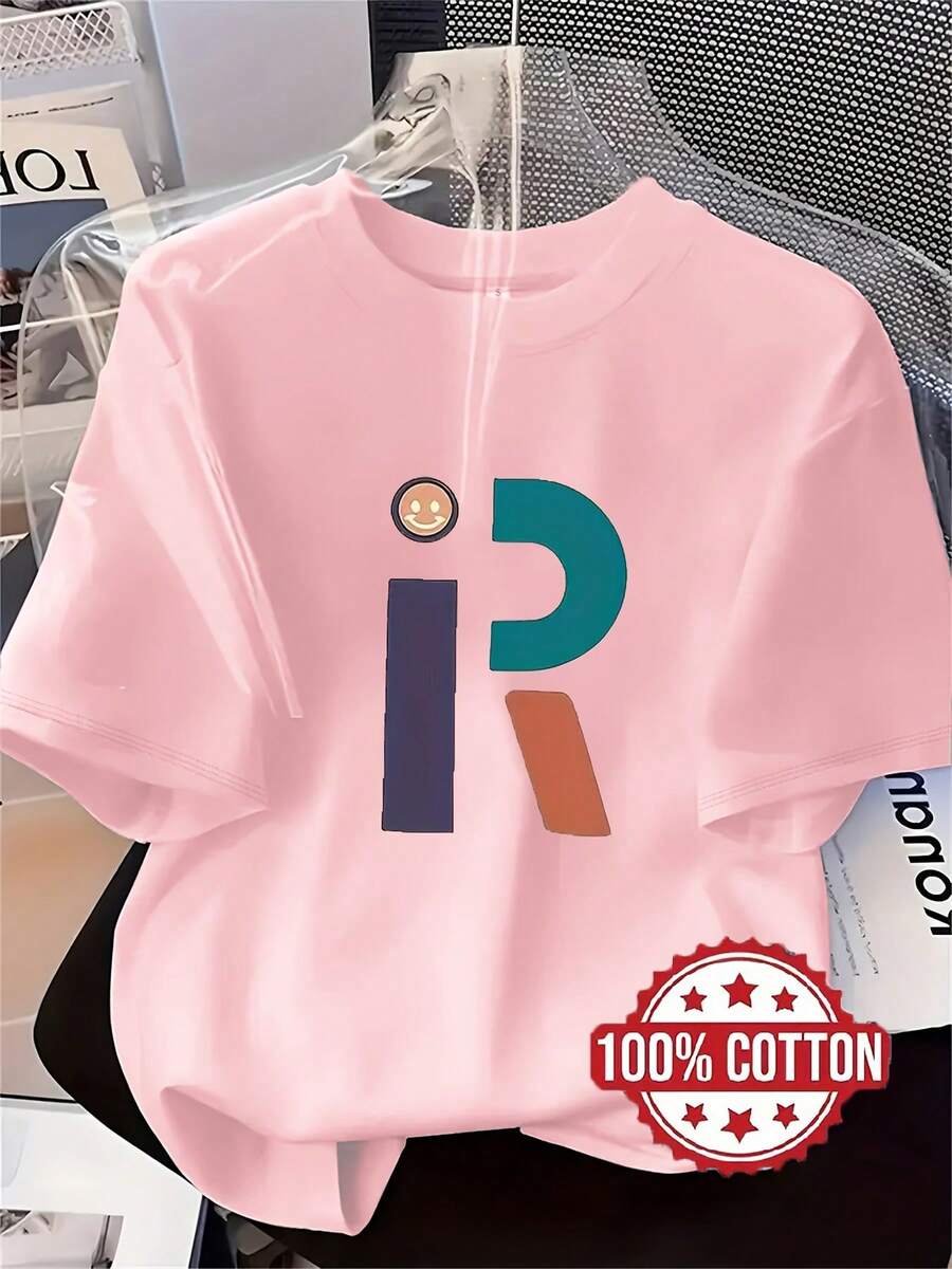 TH336 Women's T-Shirt, Modern Style With Short Sleeve Letter R Print, Fashionable Printed T-Shirt, 100% Crew Neck Short Sleeve, Loose Fit With Drop Shoulders, Sweat-Absorbent And Breathable, Comfortable Casual Home Wear, Suitable For Autumn And Winter - 羅莎 - 查看 1